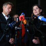 epa11706168 German Economy Minister Robert Habeck (L) and German Foreign Minister Annalena Baerbock (R) address the media outside the Chancellery in Berlin, Germany, 06 November 2024. German Chancellor Scholz announced on 06 November, the dismissal of German Finance Minister Christian Lindner in the course of ongoing consultations between parts of the so-called traffic light coalition of SPD, Greens and FDP.  EPA/CLEMENS BILAN