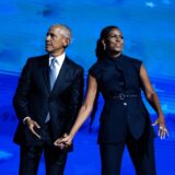 UNITED STATES - AUGUST 20: Former President Barack Obama and former first lady Michelle Obama appear on stage on the second night of the Democratic National Convention at the United Center in Chicago, Ill., on Tuesday, August 20, 2024. (Tom Williams/CQ Roll Call/Sipa USA),Image: 902360463, License: Rights-managed, Restrictions: *** World Rights *** Minimum Rates Apply in the US: $75 for Print, $20 for Web ***, Model Release: no, Credit line: CQ-Roll Call / ddp USA / Profimedia