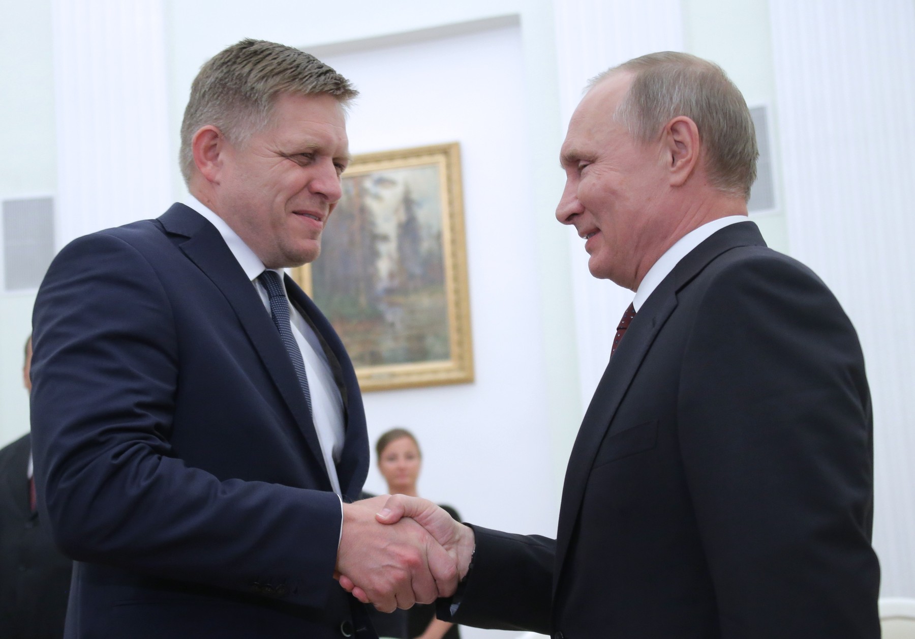 MOSCOW, RUSSIA - AUGUST 25, 2016: Slovakia's Prime Minister Robert Fico (L) and Russia's President Vladimir Putin shake hands during a meeting at Moscow's Kremlin. Mikhail Metzel/TASS,Image: 297935255, License: Rights-managed, Restrictions: , Model Release: no, Credit line: Mikhail Metzel / TASS / Profimedia