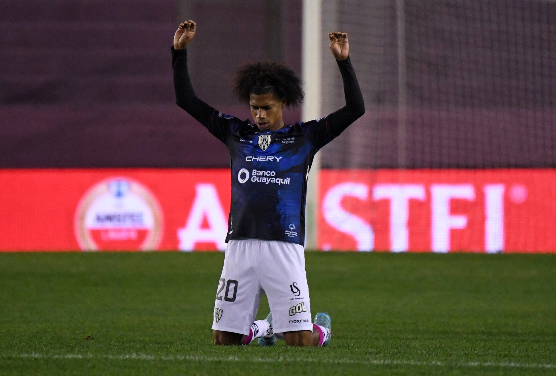 Ecuador's Independiente del Valle Marco Angulo celebrates after defeating Argentina's Lanus during the Copa Sudamericana football tournament round of sixteen second leg match at the Ciudad de Lanús stadium in Lanus, Buenos Aires, on July 7, 2022.,Image: 705820140, License: Rights-managed, Restrictions: , Model Release: no, Credit line: Luis ROBAYO / AFP / Profimedia