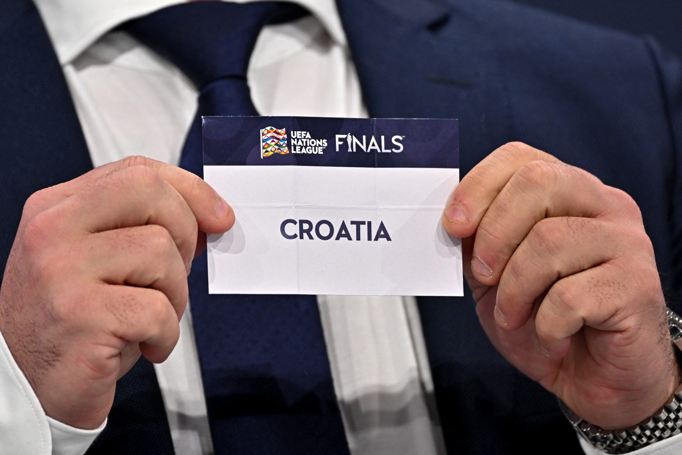 Dutch retired football player Wesley Sneijder shows the paper slip of Croatia during the 2023 UEFA Nations League football finals draw in Nyon, Switzerland, on January 25, 2023. The draw determines the semi-final pairings for the four-team 2023 UEFA Nations League football finals in Rotterdam and Enschede, as semi-finals will be played on June 14 and June 15, 2023, with the third-place play-off and final both on June 18, 2023.,Image: 751648672, License: Rights-managed, Restrictions: , Model Release: no, Credit line: Fabrice COFFRINI / AFP / Profimedia