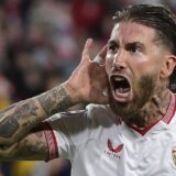 Sevilla's Spanish defender #04 Sergio Ramos celebrates scoring the opening goal during the UEFA Champions League first round group B football match between Sevilla FC and PSV Eindhoven at the Ramon Sanchez Pizjuan stadium in Seville on November 29, 2023.,Image: 825328028, License: Rights-managed, Restrictions: ALTERNATIVE CROP, Model Release: no, Credit line: CRISTINA QUICLER / AFP / Profimedia