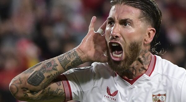 Sevilla's Spanish defender #04 Sergio Ramos celebrates scoring the opening goal during the UEFA Champions League first round group B football match between Sevilla FC and PSV Eindhoven at the Ramon Sanchez Pizjuan stadium in Seville on November 29, 2023.,Image: 825328028, License: Rights-managed, Restrictions: ALTERNATIVE CROP, Model Release: no, Credit line: CRISTINA QUICLER / AFP / Profimedia