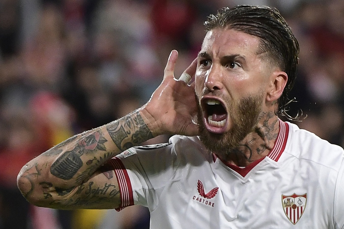 Sevilla's Spanish defender #04 Sergio Ramos celebrates scoring the opening goal during the UEFA Champions League first round group B football match between Sevilla FC and PSV Eindhoven at the Ramon Sanchez Pizjuan stadium in Seville on November 29, 2023.,Image: 825328028, License: Rights-managed, Restrictions: ALTERNATIVE CROP, Model Release: no, Credit line: CRISTINA QUICLER / AFP / Profimedia