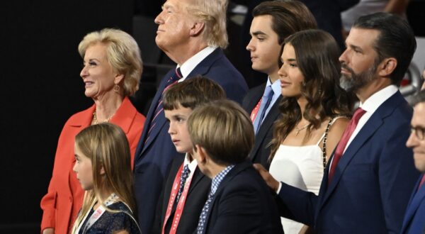 Former US President and 2024 Republican presidential candidate Donald Trump stands with his grandchildren, son Donald Trump Jr. (R) and former Administrator of the Small Business Administration Linda McMahon (L) on the third day of the 2024 Republican National Convention at the Fiserv Forum in Milwaukee, Wisconsin, on July 17, 2024. Days after he survived an assassination attempt Donald Trump won formal nomination as the Republican presidential candidate and picked Ohio US Senator J.D. Vance for running mate.,Image: 890492476, License: Rights-managed, Restrictions: , Model Release: no, Credit line: ANDREW CABALLERO-REYNOLDS / AFP / Profimedia