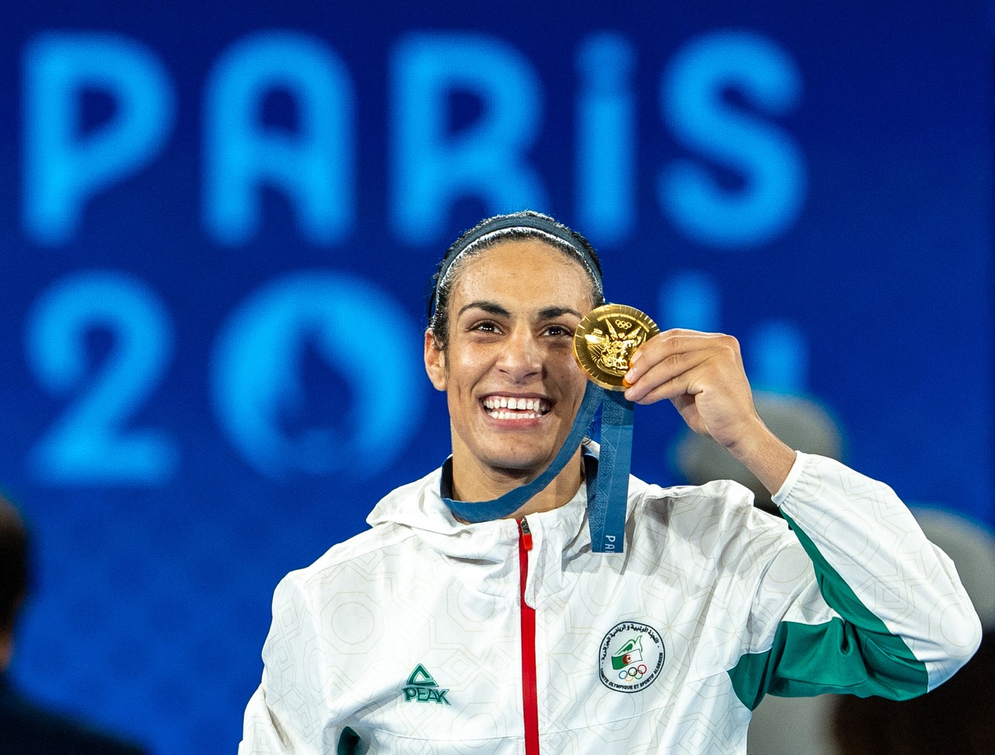 PARIS, FRANCE - AUGUST 09: Imane Khelif of Team Algeria celebrates as she wins gold medal after defeating Liu Yang (blue) of China in the Boxing Women's 66kg Final match on day fourteen of the Olympic Games Paris 2024 at Roland Garros on August 09, 2024 in Paris, France. Aytac Unal / Anadolu/ABACAPRESS.COM,Image: 897490223, License: Rights-managed, Restrictions: , Model Release: no, Credit line: AA/ABACA / Abaca Press / Profimedia