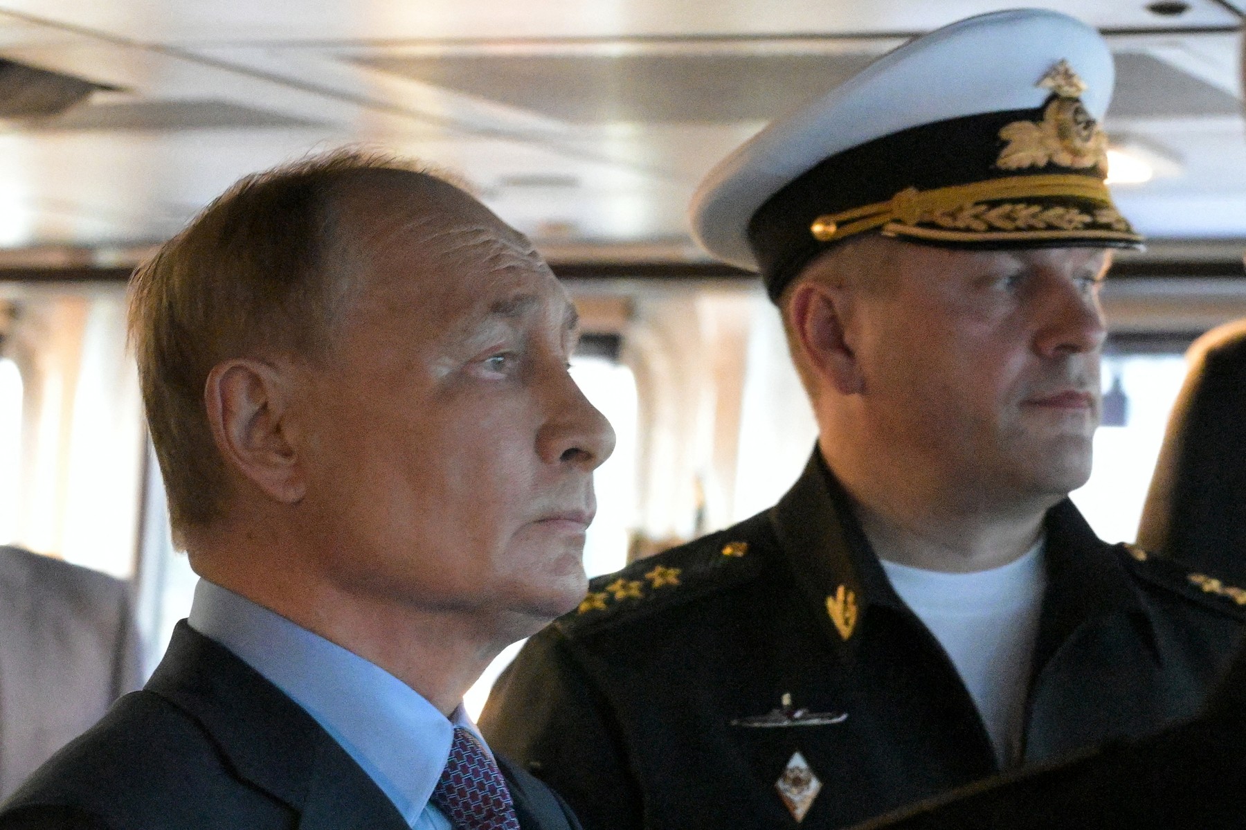 In this pool photograph distributed by the Russian state agency Sputnik, Russia's President Vladimir Putin, accompanied by the Pacific Fleet commander Admiral Viktor Liina, tours the corvette Rezkiy at the naval base of the Russian Pacific Fleet's Primorye Flotilla in Vladivostok on September 4, 2024.,Image: 904610359, License: Rights-managed, Restrictions: ** Editor's note : this image is distributed by the Russian state owned agency Sputnik **, Model Release: no, Credit line: Alexey NIKOLSKY / AFP / Profimedia