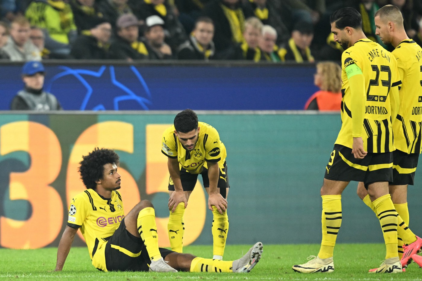 Dortmund's German forward #27 Karim Adeyemi lays injured on the pitch during the UEFA Champions League football match between Borussia Dortmund and Celtic in Dortmund, western Germany on October 1, 2024.,Image: 914862943, License: Rights-managed, Restrictions: , Model Release: no, Credit line: INA FASSBENDER / AFP / Profimedia