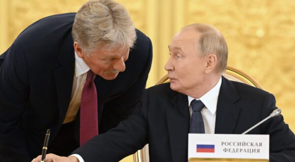 Russian President Vladimir Putin (right) and Deputy Head of the Russian Presidential Administration, presidential press secretary Dmitry Peskov (left) during the summit.
Credit: Dmitry Azarov/Kommersant Photo/Sipa USA,Image: 918594933, License: Rights-managed, Restrictions: *** World Rights Except Russian Federation, Switzerland and Liechtenstein *** CHEOUT LIEOUT RUSOUT, Model Release: no, Credit line: Kommersant Photo Agency / ddp USA / Profimedia