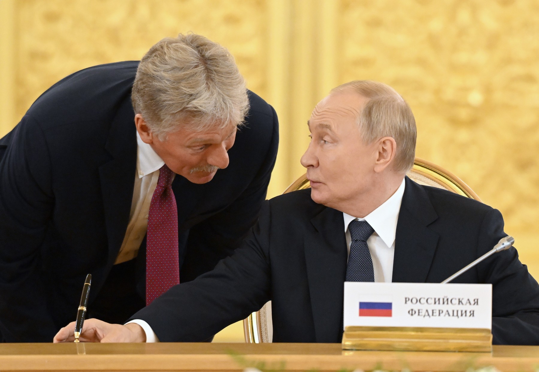 Russian President Vladimir Putin (right) and Deputy Head of the Russian Presidential Administration, presidential press secretary Dmitry Peskov (left) during the summit.
Credit: Dmitry Azarov/Kommersant Photo/Sipa USA,Image: 918594933, License: Rights-managed, Restrictions: *** World Rights Except Russian Federation, Switzerland and Liechtenstein *** CHEOUT LIEOUT RUSOUT, Model Release: no, Credit line: Kommersant Photo Agency / ddp USA / Profimedia