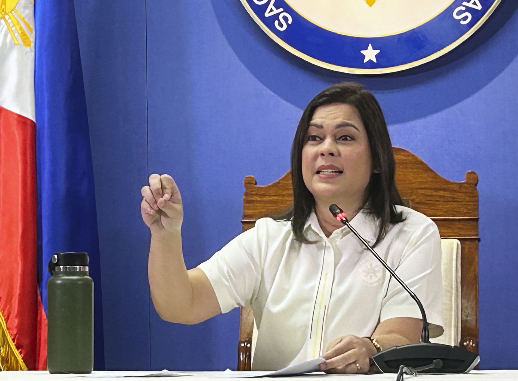 Philippine Vice President Sara Duterte holds a press conference in Manila on Oct. 18, 2024.,Image: 923378097, License: Rights-managed, Restrictions: , Model Release: no, Credit line: Kyodo/Newscom / Newscom / Profimedia