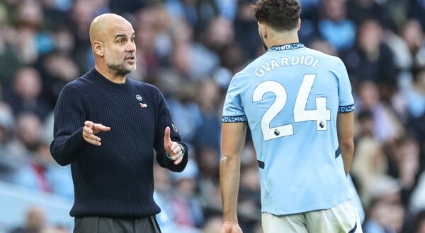 October 26, 2024, Manchester, Manchester, United Kingdom: Pep Guardiola manager of Manchester City gives instruction to Josko Gvardiol of Manchester City during the Premier League match Manchester City vs Southampton at Etihad Stadium, Manchester, United Kingdom, 26th October 2024.,Image: 926653545, License: Rights-managed, Restrictions: , Model Release: no, Credit line: Mark Cosgrove / Zuma Press / Profimedia