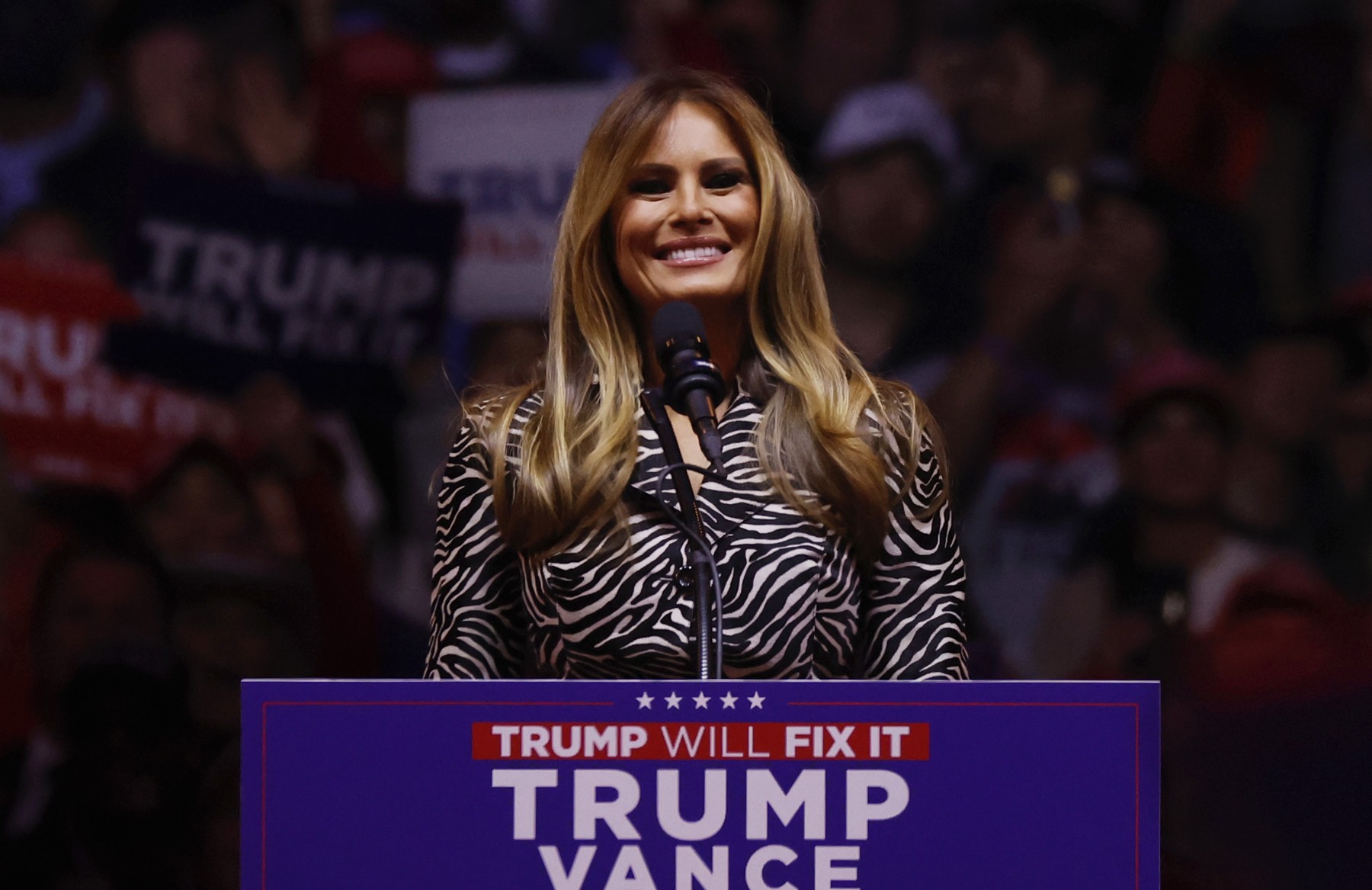 Former First Lady Melania Trump speaks before Republican Nominee and former President of the United States Donald J. Trump at a rally at Madison Square Garden in New York City on Sunday, October 27, 2024. Photo by /UPI,Image: 927220975, License: Rights-managed, Restrictions: , Model Release: no, Credit line: John Angelillo / UPI / Profimedia