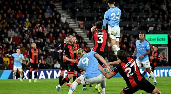 Manchester City's Croatian defender #24 Josko Gvardiol scores the team's first goal during the English Premier League football match between Bournemouth and Manchester City at the Vitality Stadium in Bournemouth, southern England on November 2, 2024.,Image: 929512604, License: Rights-managed, Restrictions: RESTRICTED TO EDITORIAL USE. No use with unauthorized audio, video, data, fixture lists, club/league logos or 'live' services. Online in-match use limited to 120 images. An additional 40 images may be used in extra time. No video emulation. Social media in-match use limited to 120 images. An additional 40 images may be used in extra time. No use in betting publications, games or single club/league/player publications., Model Release: no, Credit line: JUSTIN TALLIS / AFP / Profimedia