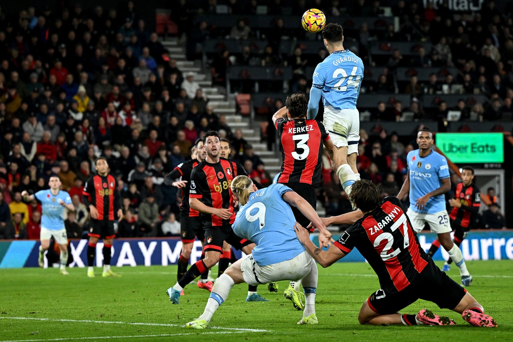 Manchester City's Croatian defender #24 Josko Gvardiol scores the team's first goal during the English Premier League football match between Bournemouth and Manchester City at the Vitality Stadium in Bournemouth, southern England on November 2, 2024.,Image: 929512604, License: Rights-managed, Restrictions: RESTRICTED TO EDITORIAL USE. No use with unauthorized audio, video, data, fixture lists, club/league logos or 'live' services. Online in-match use limited to 120 images. An additional 40 images may be used in extra time. No video emulation. Social media in-match use limited to 120 images. An additional 40 images may be used in extra time. No use in betting publications, games or single club/league/player publications., Model Release: no, Credit line: JUSTIN TALLIS / AFP / Profimedia