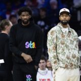 Nov 2, 2024; Philadelphia, Pennsylvania, USA; Injured Philadelphia 76ers Paul George (R) and Joel Embiid (L) look on during the first quarter against the Memphis Grizzlies at Wells Fargo Center.,Image: 929705128, License: Rights-managed, Restrictions: *** Worldwide Rights Except Baltics, China, Denmark, Finland, Germany, Hong Kong, Japan, Macau, Norway, Poland, South Korea, Sweden, and Taiwan *** No sales outside your territory. No 3rd parties. No redistribution ***, Model Release: no, Credit line: Imagn Images / ddp USA / Profimedia