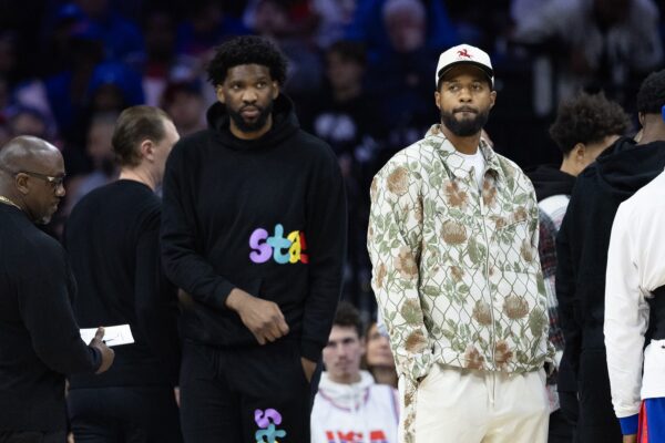 Nov 2, 2024; Philadelphia, Pennsylvania, USA; Injured Philadelphia 76ers Paul George (R) and Joel Embiid (L) look on during the first quarter against the Memphis Grizzlies at Wells Fargo Center.,Image: 929705128, License: Rights-managed, Restrictions: *** Worldwide Rights Except Baltics, China, Denmark, Finland, Germany, Hong Kong, Japan, Macau, Norway, Poland, South Korea, Sweden, and Taiwan *** No sales outside your territory. No 3rd parties. No redistribution ***, Model Release: no, Credit line: Imagn Images / ddp USA / Profimedia