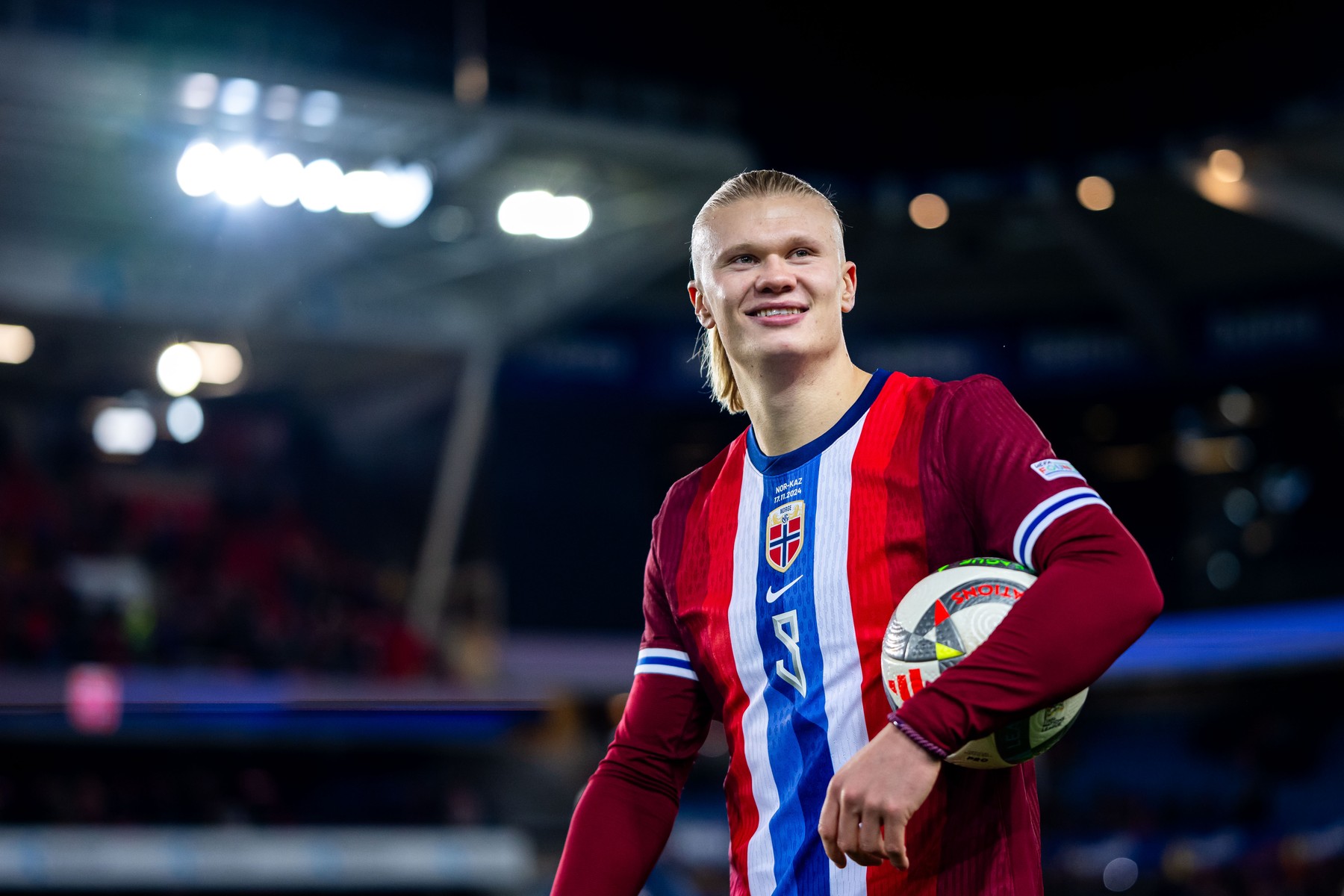 241117 Erling Braut Haaland of Norway celebrates after the Nations League football match between Norway and Kazakhstan on November 17, 2024 in Oslo. 
Photo: Vegard Grřtt / BILDBYRĹN / kod VG / VG0696
bbeng fotboll football soccer fotball nations league landskamp norge norway kasakhstan kazakhstan jubel,Image: 935638840, License: Rights-managed, Restrictions: *** World Rights Except Austria, Denmark, Finland, Norway, and  Sweden *** AUTOUT DNKOUT FINOUT NOROUT SWEOUT, Model Release: no, Credit line: Bildbyran / ddp USA / Profimedia