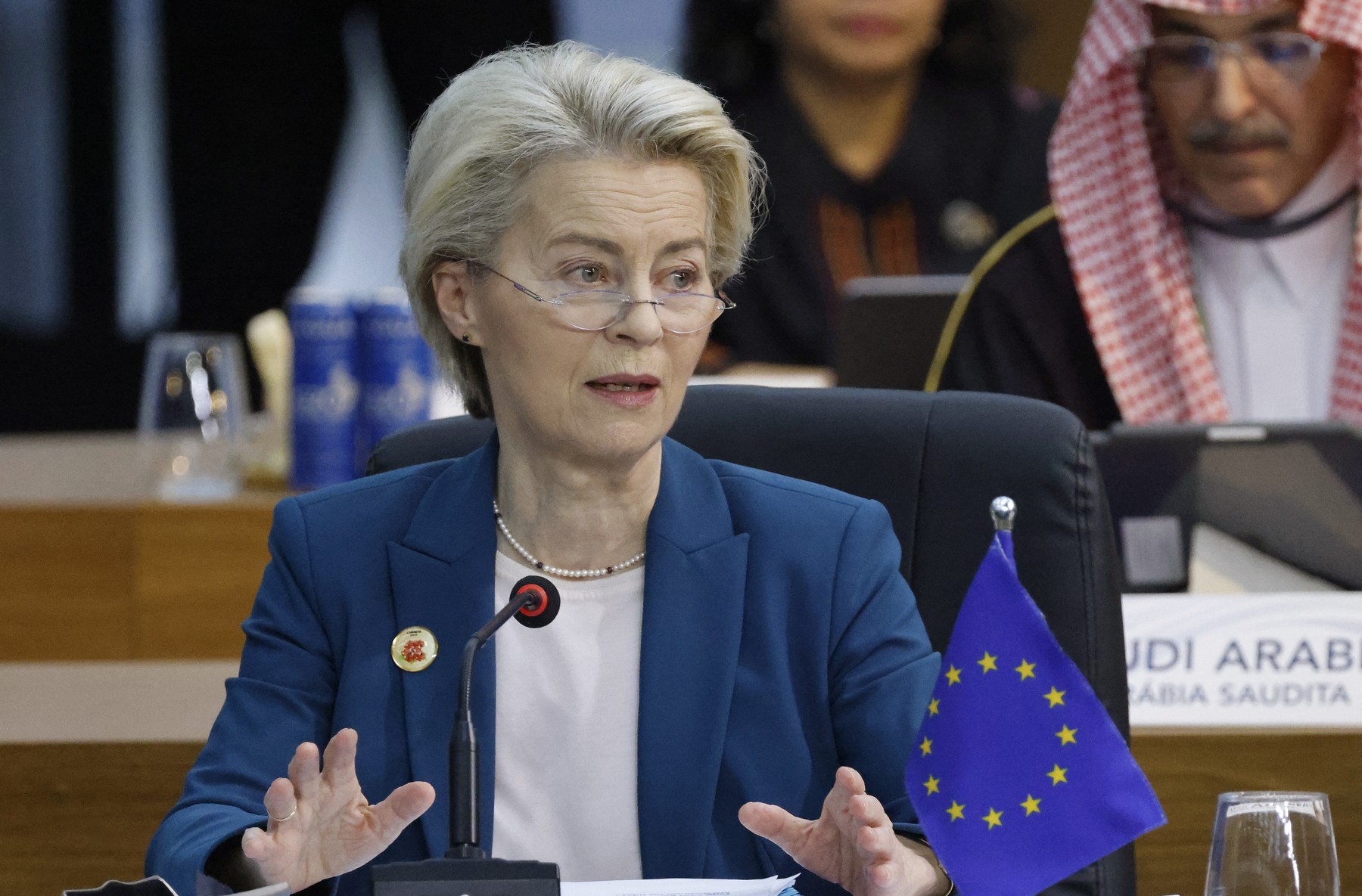 The president of the European Commision, Ursula von der Leyen, speaks during the third session of the G20 Leaders' Meeting in Rio de Janeiro, Brazil, on November 19, 2024.,Image: 936376817, License: Rights-managed, Restrictions: , Model Release: no, Credit line: Ludovic MARIN / AFP / Profimedia