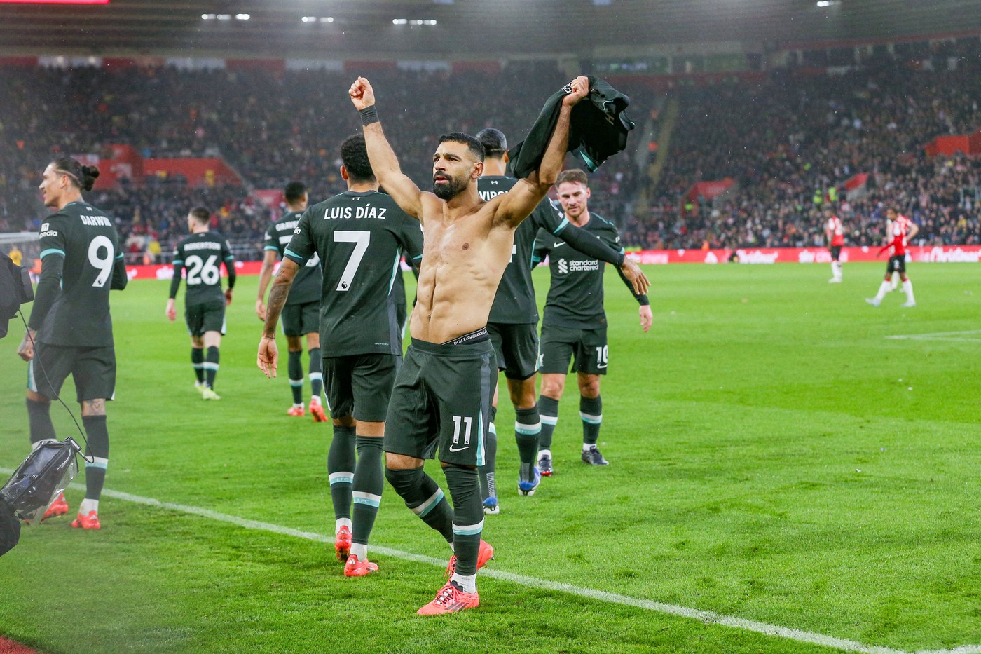 Liverpool forward Mohamed Salah celebrates his goal 2-3 during the English championship Premier League football match between Southampton FC and Liverpool FC on 24 November 2024 at St.Mary's Stadium in Southampton, England - Photo Phil Duncan / Every Second Media / DPPI,Image: 938577634, License: Rights-managed, Restrictions: Hungary Out UK Out, Model Release: no, Credit line: Phil Duncan / AFP / Profimedia