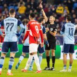 Referee Jose Maria Sanchez Martinez shows a red card to Slovan Bratislava's Croatian midfielder #10 Marko Tolic (L) during during the UEFA Champions League football match SK Slovan Bratislava vs AC Milan in Bratislava, Slovakia on November 26, 2024.,Image: 939513386, License: Rights-managed, Restrictions: , Model Release: no, Credit line: -STR / AFP / Profimedia