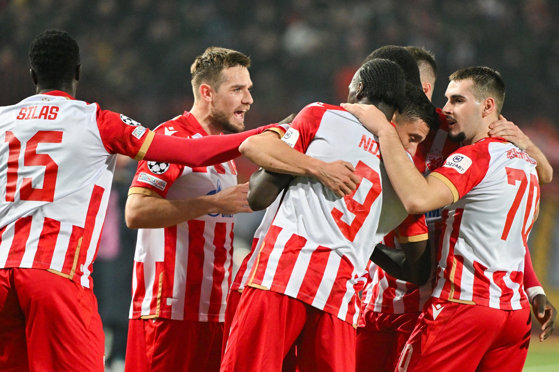 Crvena Zvezda Beograd's Bosnian midfielder #06 Rade Krunic (C) celebrates with teammates after scoring his team's second goal during the UEFA Champions League football match between Crvena Zvezda and Stuttgart at the Rajko Mitic Stadium in Belgrade on November 27, 2024.,Image: 940119084, License: Rights-managed, Restrictions: , Model Release: no, Credit line: OLIVER BUNIC / AFP / Profimedia