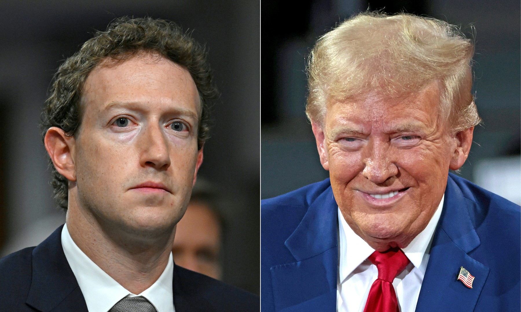 (COMBO) This combination of pictures created on November 27, 2024 shows Mark Zuckerberg (L), CEO of Meta, on January 31, 2024, and former US President and Republican presidential candidate Donald Trump on September 17, 2024.
 Mark Zuckerberg joined Donald Trump for dinner at his Mar-a-Lago estate November 27, with an advisor to the president-elect saying the tech billionaire "wants to support the national renewal of America."
The 40-year-old chief executive of Meta -- which owns Facebook, Instagram and Whatsapp -- has been carefully trying to mend ties with Trump.,Image: 940277409, License: Rights-managed, Restrictions: , Model Release: no, Credit line: JEFF KOWALSKY / AFP / Profimedia