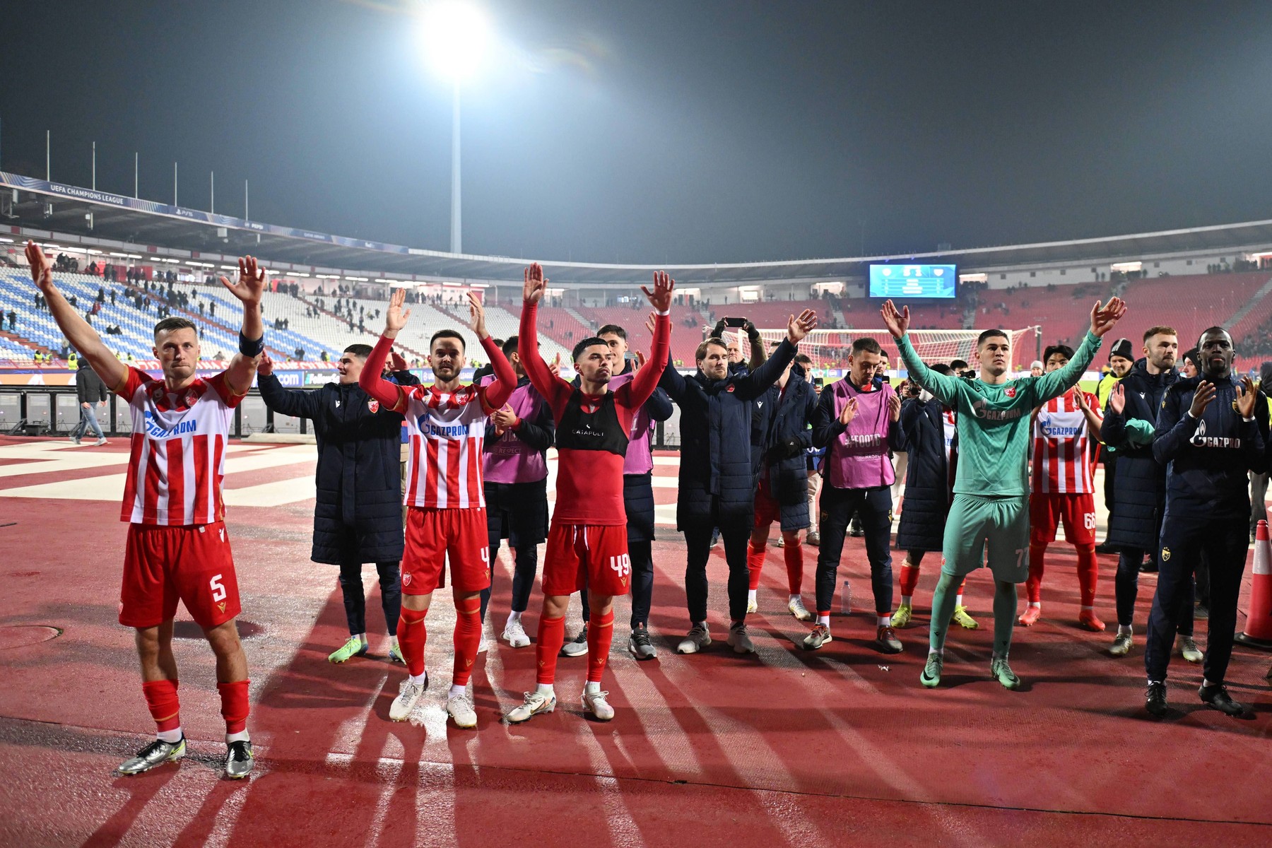 Red Star's players celebrate after the Champions League opening phase soccer match between Red Star and Stuttgart at the Rajko Mitic Stadium in Belgrade, Serbia, Wednesday, Nov. 27, 2024. //BETAAGENCY_Sipa.01.0851/Credit:Marko Metlas/BETAPHOTO/SIPA/2411281030,Image: 940362215, License: Rights-managed, Restrictions: , Model Release: no, Credit line: Marko Metlas/BETAPHOTO / Sipa Press / Profimedia