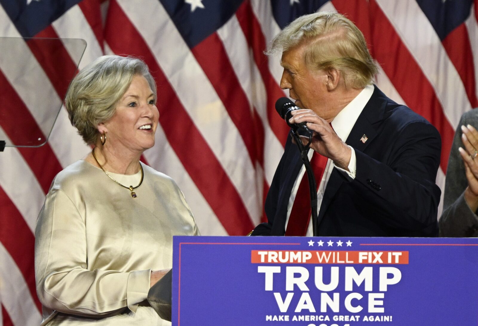 Former United States President Donald Trump invites his campaign manager Susie Wiles to the podium when he delivers a speech from the Palm Beach Convention Center at the Trump Campaign Election Night Watch Party in West Palm Beach, Florida on Wednesday, November 6, 2024. Some news outlets have called the race in favor of the former president and others have not yet made a decision. Photo by /UPI,Image: 931018175, License: Rights-managed, Restrictions: , Model Release: no, Credit line: JOE MARINO / UPI / Profimedia