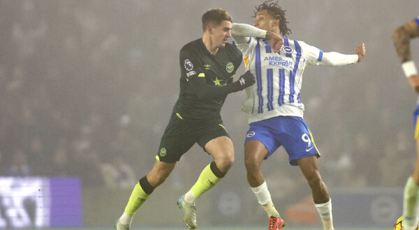 December 27, 2024, Brighton And Hove: Brighton and Hove, England, 27th December 2024. Joao Pedro of Brighton and Hove Albion reacts towards Yehor Yarmolyuk of Brentford after the challenge for the ball during the Premier League match at the AMEX Stadium, Brighton and Hove. (Credit Image: Â© Paul Terry/Sportimage/Cal Sport Media) (Cal Sport Media via AP Images)