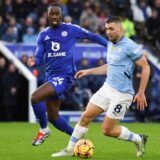 Manchester City's Mateo Kovacic, right, duels for the ball with Leicester's Boubakary Soumare during the English Premier League soccer match between Leicester City and Manchester City at King Power stadium in Leicester, England, Sunday, Dec. 29, 2024. (AP Photo/Rui Vieira) Britain Soccer Premier League