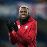 Victor Osimhen of Lille pre match during the UEFA Champions League match between Chelsea and Lille Olympique Sporting Club at Stamford Bridge, London, England on 10 December 2019. PUBLICATIONxNOTxINxUK Copyright: xAndyxRowlandx PMI-3243-0001