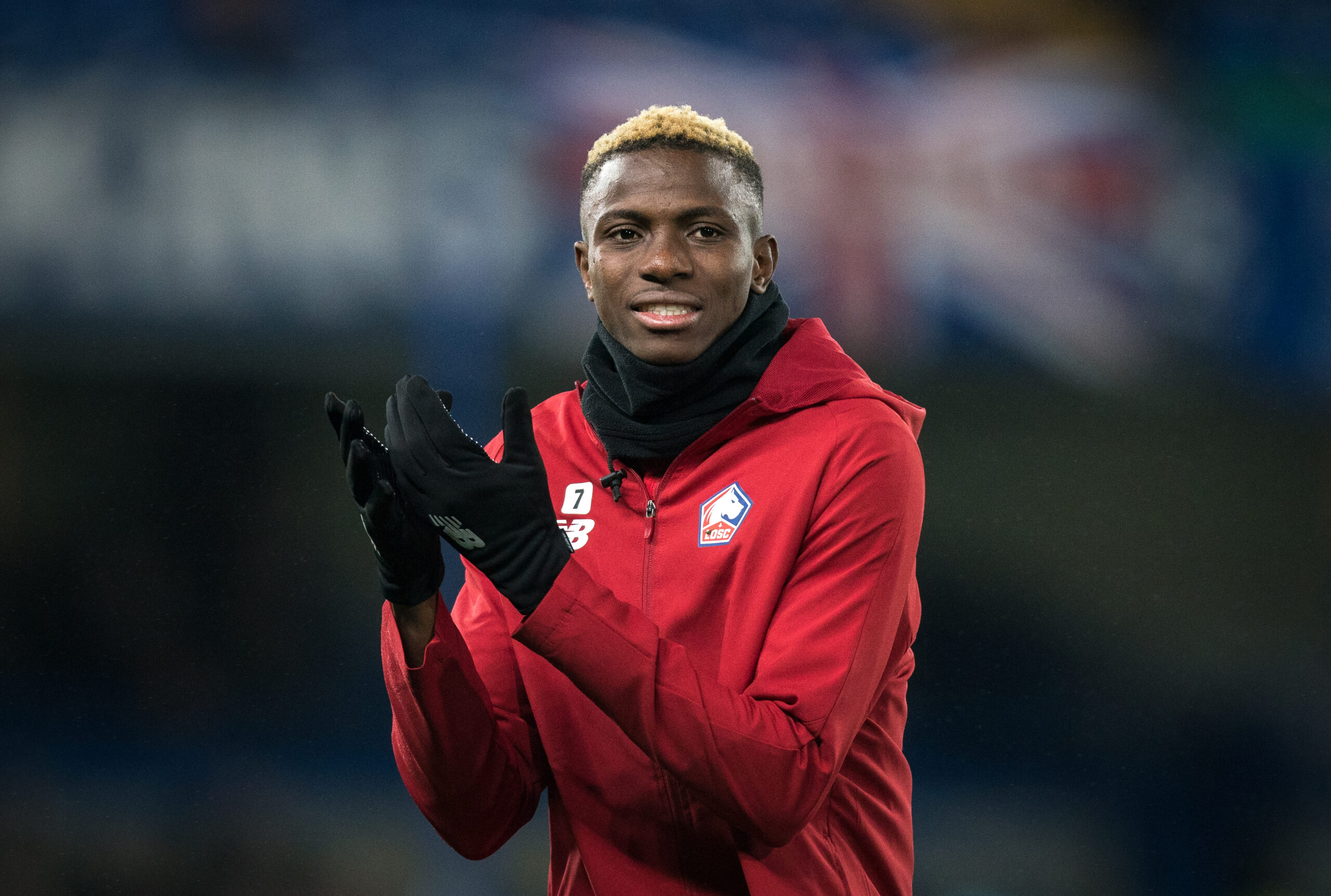 Victor Osimhen of Lille pre match during the UEFA Champions League match between Chelsea and Lille Olympique Sporting Club at Stamford Bridge, London, England on 10 December 2019. PUBLICATIONxNOTxINxUK Copyright: xAndyxRowlandx PMI-3243-0001