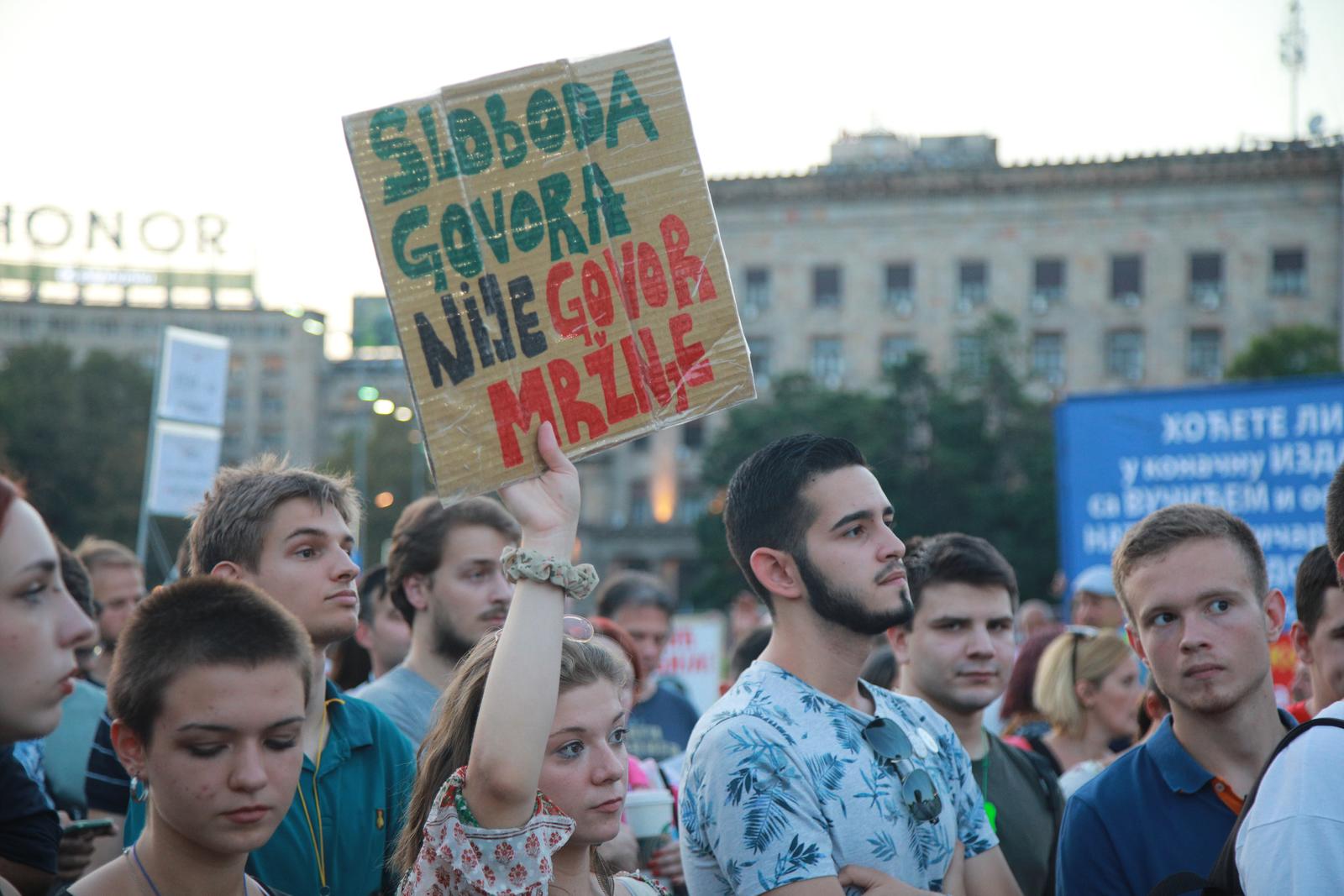 26, August, 2023, Belgrade - The 17th protest "Serbia against violence" started in front of the Serbian Parliament, from where the gathered started walking along Decanska, Makedonska and Takovska streets to the building of Radio-television of Serbia, and then to Nikola Pasic Square and the headquarters of the Regulatory Body for Electronic Media (REM). Photo:    

26, avgsut, 2023, Beograd - 17. protest "Srbija protiv nasilja" poceo je ispred Skupstine Srbije, odakle su okupljeni krenuli u setnju Decanskom, Makedonskom i Takovskom ulicom do zgrade Radio-televizije Srbije, a potom i do Trga Nikole Pasica i sedista Regulatornog tela za elektronske medije (REM).  Photo:    
 Photo: Milos Tesic/ATAImages/PIXSELL