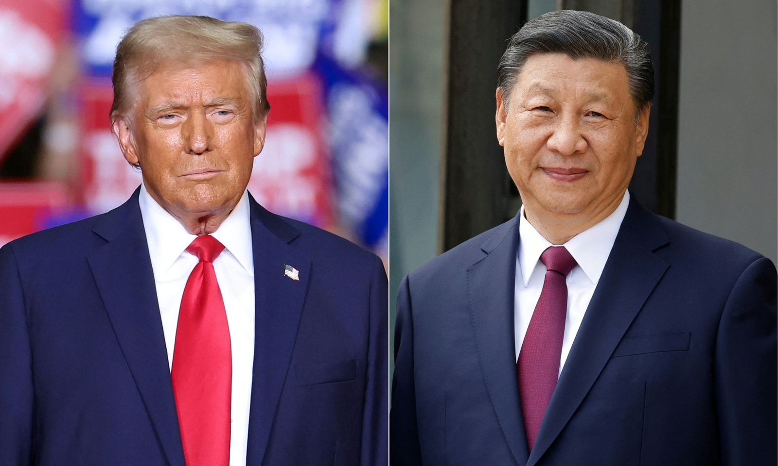 (COMBO) This combination of pictures created on November 07, 2024 shows former US President and Republican presidential candidate Donald Trump (L) looks on during a campaign rally at PPG Paints Arena in Pittsburgh, Pennsylvania on November 4, 2024, and france's President Emmanuel Macron greets Chinese President Xi Jinping (R) at The Elysee Presidential Palace in Paris on May 6, 2024. 
 Chinese President Xi Jinping on November 7, 2024 said Beijing and Washington must find a way to "get along" in a message to US president-elect Donald Trump, state media said. Trump's crushing presidential victory heralded a new era of uncertainty in the United States and the world. It also heralded a possible shift in US-China relations, frayed in recent years by tensions over everything from trade to the status of the self-ruled island of Taiwan.,Image: 931705675, License: Rights-managed, Restrictions: , Model Release: no, Credit line: CHARLY TRIBALLEAU / AFP / Profimedia