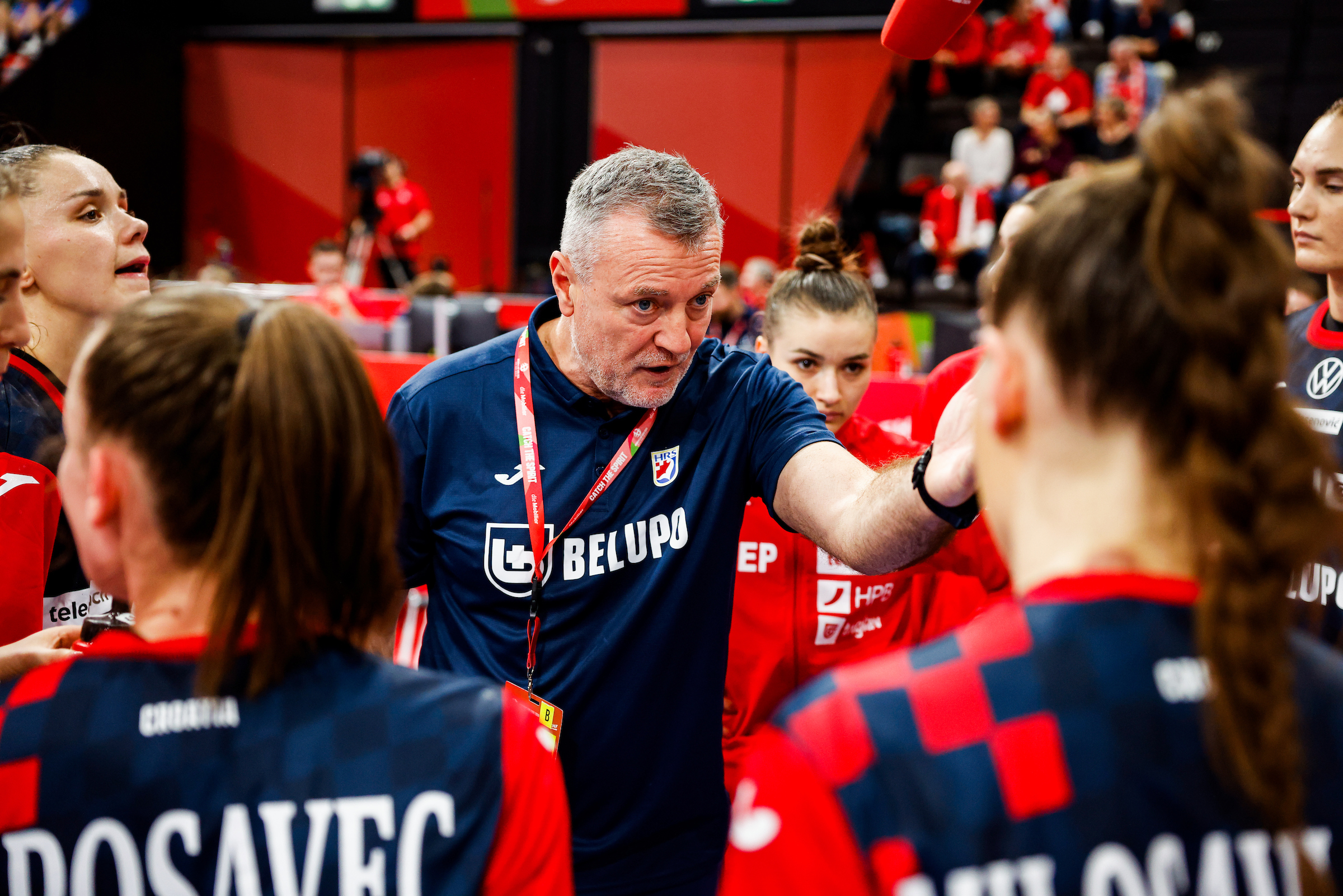 Katarina PAVLOVIC, Ivica OBRVAN (coach), Nikolina KRAGULJ and Tena PETIKA, Croatia vs Switzerland, Women's EHF EURO 2024, Austria, Hungary, Switzerland, 03.12.2024, Mandatory Credit © Nebojsa Tejic / kolektiff