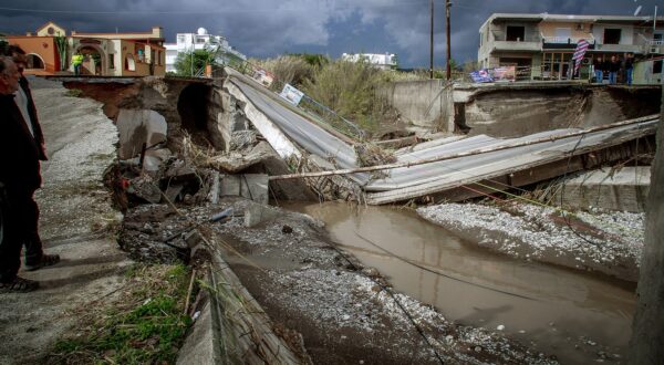 This photograph shows a collapsed bridge in Rhodes island after heavy rainfall, on Decembber 1, 2024. Two people have died on the Greek island of Limnos in the Aegean Sea, in bad weather that is affecting large parts of the country and has caused extensive damage on the island of Rhodes, according to the authorities on Sunday.,Image: 941557319, License: Rights-managed, Restrictions: Greece OUT, Model Release: no, Credit line: STRINGER / AFP / Profimedia