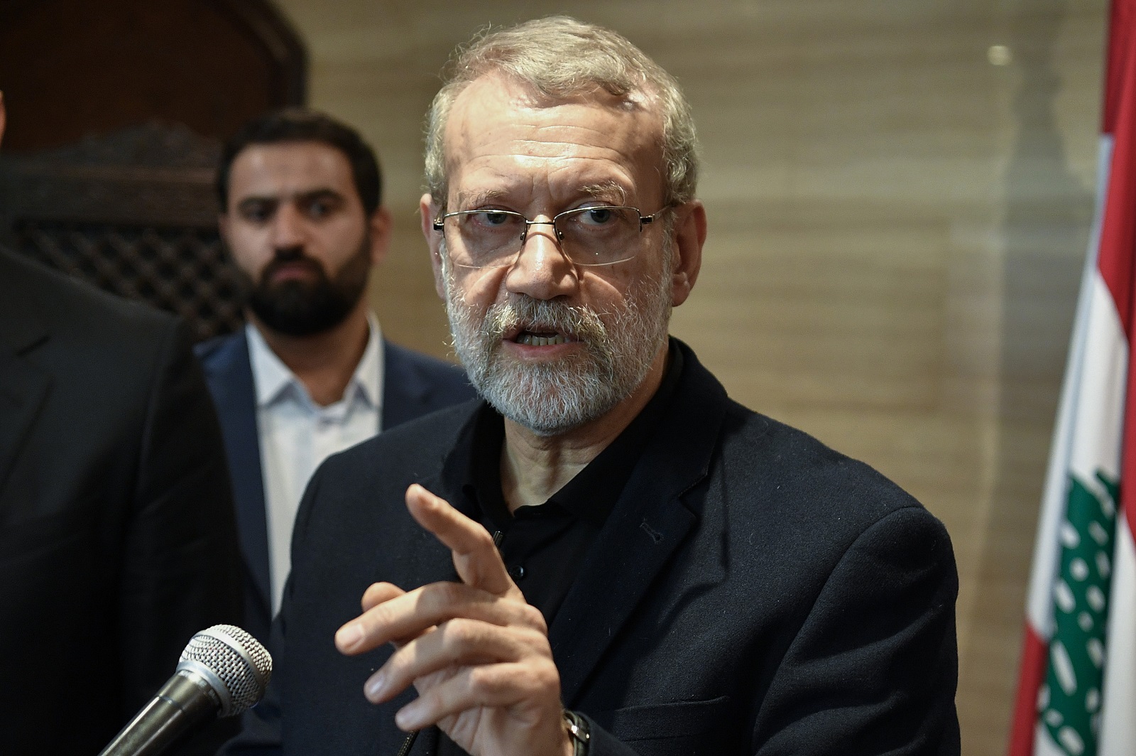 epa11722345 Senior Advisor to Iran's Supreme Leader Ayatollah Sayyed Ali Khamenei, Ali Larijani speaks at a press conference after a meeting with Lebanese Parliament Speaker Nabih Berri in Beirut, Lebanon, 15 November 2024. Larijani is in Beirut to meet with senior Lebanese officials to discuss bilateral relations and the ongoing conflict between Israel and Hezbollah. Larijani expressed Iran's support in current talks on a ceasefire in the Israel-Hezbollah conflict.  EPA/ABBAS SALMAN