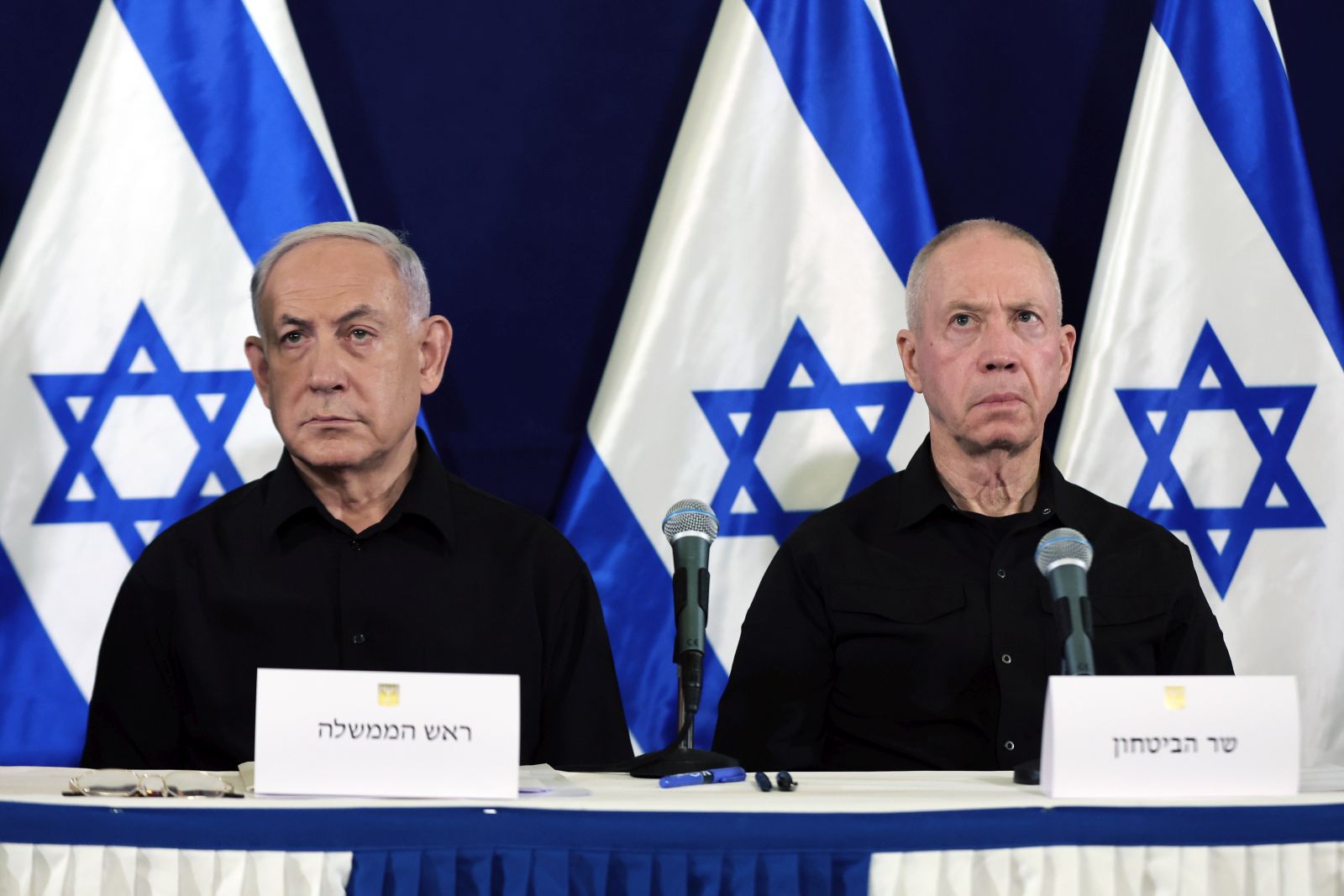 epa11732793 epa11703358 (FILE) - Israel's Prime Minister Benjamin Netanyahu (L) and Defense Minister Yoav Gallant (R) address a press conference at Kirya military base in Tel Aviv, Israel, 28 October 2023 (reissued 21 November 2024). Judges at the International Criminal Court (ICC) have issued arrest warrants for Benjamin Netanyahu and Yoav Gallant, as well as Hamas military commander Mohammed Deif over alleged war crimes and crimes against humanity during the war between Israel and Hamas.  EPA/ABIR SULTAN / POOL