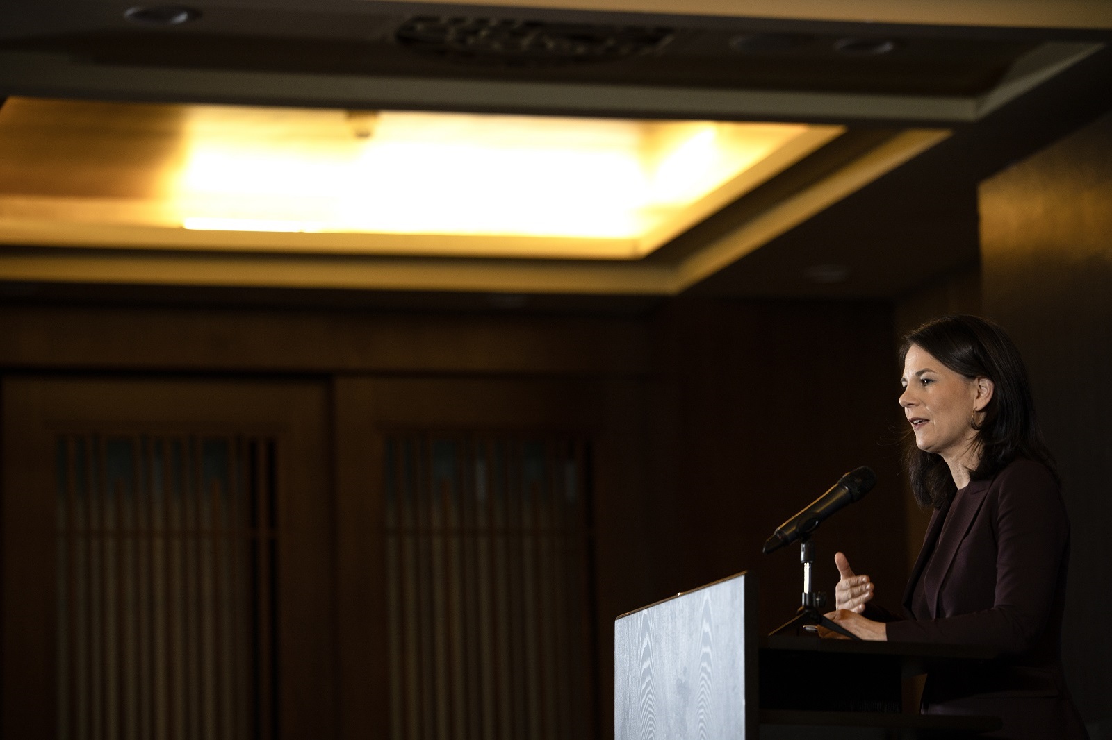 epa11752742 German Foreign Minister Annalena Baerbock speaks during a press briefing in Beijing, China, 02 December 2024. German Minister Baerbock is on an official visit to China from 02 until 03 December.  EPA/ANDRES MARTINEZ CASARES