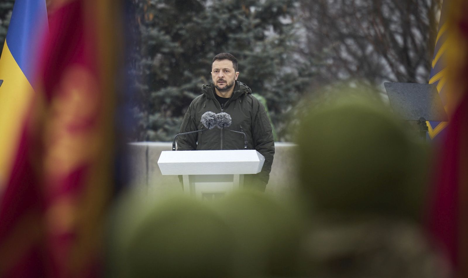 epa11760345 A handout photo made available by the Ukrainian Presidential Press Service shows Ukraine's President Volodymyr Zelensky meeting with Ukrainian servicemen to congratulate them on the Day of the Armed Forces of Ukraine in Kyiv, Ukraine, 06 December 2024, amid the Russian invasion. Ukraine celebrates the Day of the Armed Forces every year on 06 December.  EPA/UKRAINIAN PRESIDENTIAL PRESS SERVICE HANDOUT -- MANDATORY CREDIT: UKRAINIAN PRESIDENTIAL PRESS SERVICE -- HANDOUT EDITORIAL USE ONLY/NO SALES