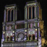 epa11760943 A projection illuminates the front of the Notre Dame cathedral during the final preparations for the reopening of the Notre Dame de Paris cathedral, in Paris, France, 06 December 2024. Paris' Notre-Dame Cathedral will be officially inaugurated on 07 December after nearly six years of renovation work.  EPA/TERESA SUAREZ