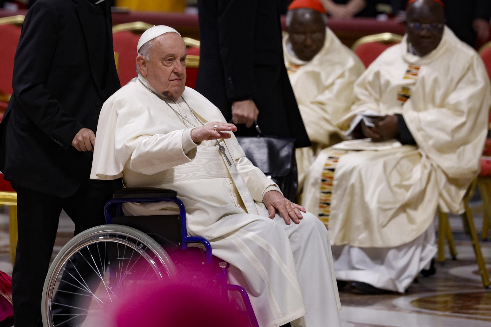 epa11764166 Pope Francis presides over a Holy Mass for the new Cardinals in St. Peter's Basilica, Vatican City, 08 December 2024.  EPA/FABIO FRUSTACI