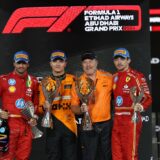 epa11764930 (L-R) Second placed Scuderia Ferrari driver Carlos Sainz Jr. of Spain, first placed McLaren driver Lando Norris of Britain, McLaren Racing CEO Zak Brown and third placed Scuderia Ferrari driver Charles Leclerc of Monaco celebrate on the podium after the Formula One Abu Dhabi Grand Prix, at the Yas Marina Circuit racetrack in Abu Dhabi, United Arab Emirates, 08 December 2024.  EPA/ALI HAIDER