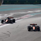 epa11767849 McLaren driver Lando Norris (R) of Britain and McLaren young driver Patricio O'Ward of Mexico in action during the Formula One post-season test session at the Yas Marina Circuit racetrack in Abu Dhabi, United Arab Emirates, 10 December 2024.  EPA/ALI HAIDER