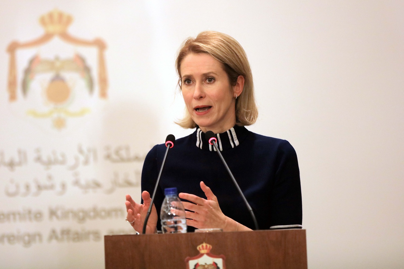 epa11777132 High Representative of the European Union for Foreign Affairs and Security Policy Kaja Kallas attends a press conference following a meeting of foreign Ministers on developments in Syria in Aqaba, Jordan, 14 December 2024. Foreign Ministers of Jordan, Saudi Arabia, Iraq, Lebanon, Egypt, the United Arab Emirates, Bahrain and Qatar and Arab League Secretary-General Ahmed Aboul Gheit meet in Jordan to discuss the situation in Syria following the ouster of Syrian President Bashar al-Assad on 08 December 2024.  EPA/MOHAMED ALI