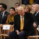 epa11763097 US President-elect Donald Trump (C) gestures as he sits inside the Notre Dame de Paris cathedral during its official reopening ceremony, in Paris, France, 07 December 2024. The Notre Dame de Paris Cathedral reopens on 07 December after nearly six years of renovation work following its destruction by a fire on 15 April 2019.  EPA/THIBAULT CAMUS / POOL  MAXPPP OUT