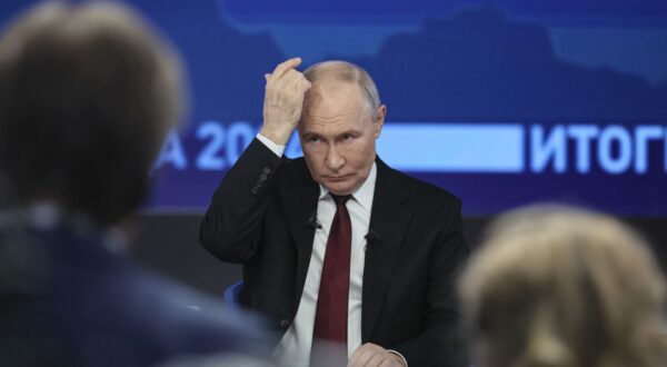 epa11785142 Russian President Vladimir Putin gestures as he answers questions during his annual live broadcast press conference with Russian federal, regional, and foreign media at the Gostiny Dvor forum hall in Moscow, Russia, 19 December 2024. Russian President Vladimir Putin on 19 December holds his end-of-year press conference and the 'Direct Line with Vladimir Putin' televised event, where he will answer citizens' questions focusing on domestic issues.  EPA/YURI KOCHETKOV