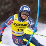 epa11790909 Samuel Kolega of Croatia in action during the first run of the Men's Slalom race of the Alpine Skiing World Cup in Alta Badia, Italy, 23 December 2024.  EPA/ANDREA SOLERO