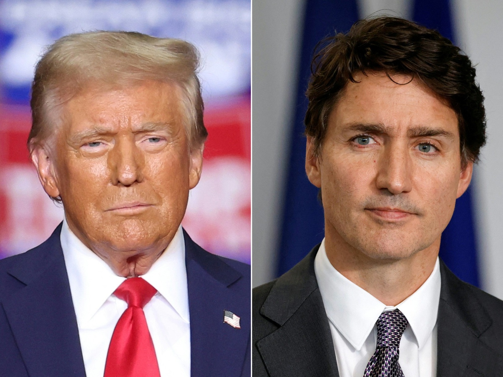 (COMBO) This combination of pictures created on November 29, 2024 shows
former US President and Republican presidential candidate Donald Trump (L) looking on during a campaign rally at PPG Paints Arena in Pittsburgh, Pennsylvania on November 4, 2024 and Canadian Prime Minister Justin Trudeau looking on during a press conference with French President Emmanuel Macron in Montreal, Canada, on September 26, 2024.
 Canadian Prime Minister Justin Trudeau arrived in Palm Beach, Florida, on November 30, 2024 for what Canadian and American media said was a meeting with US President-elect Donald Trump at his Mar-a-Lago luxury estate.,Image: 940999361, License: Rights-managed, Restrictions: , Model Release: no, Credit line: CHARLY TRIBALLEAU / AFP / Profimedia